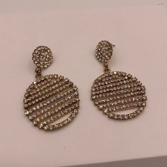 Vintage Statement Rhinestone Clear Crystal Circles Pierced Earrings Gold Tone - Picture 2 of 6